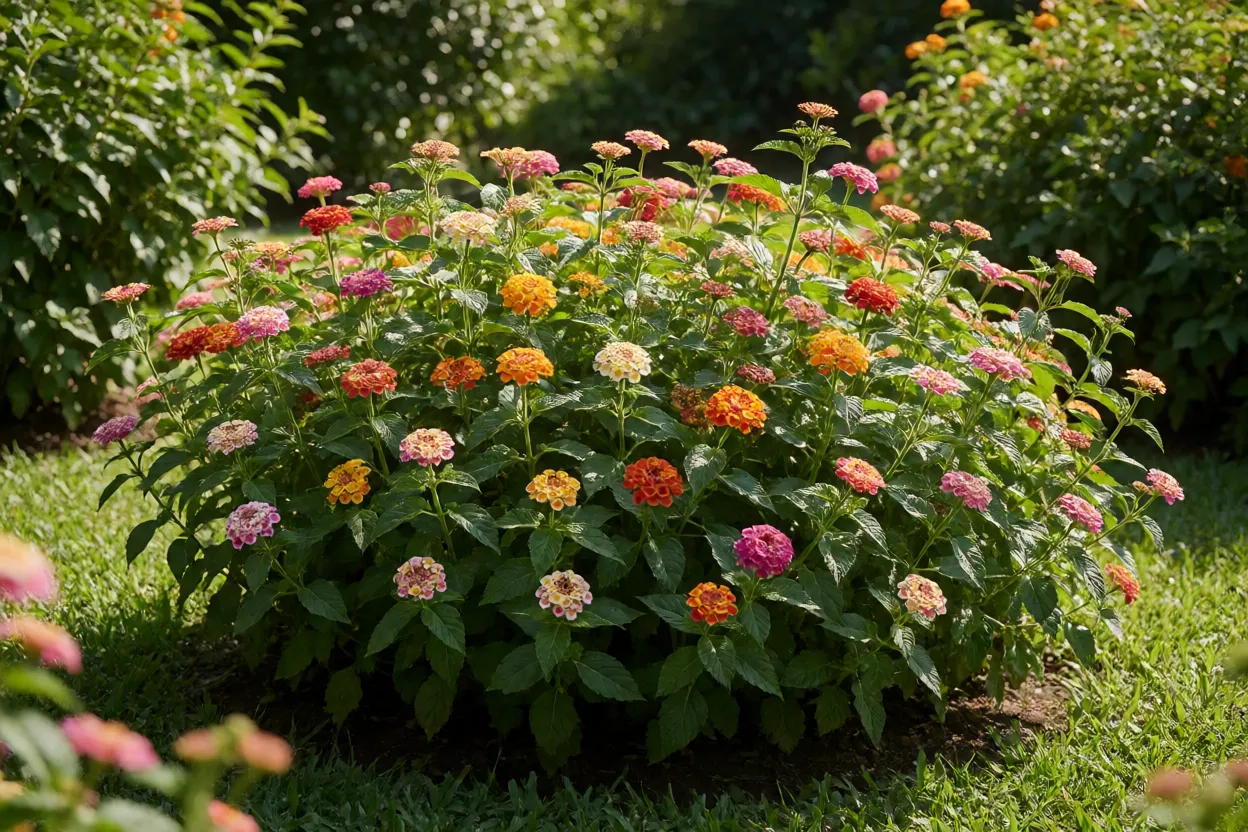 Jardim ensolarado com flores variadas e insetos visitando as infloresc&ecirc;ncias