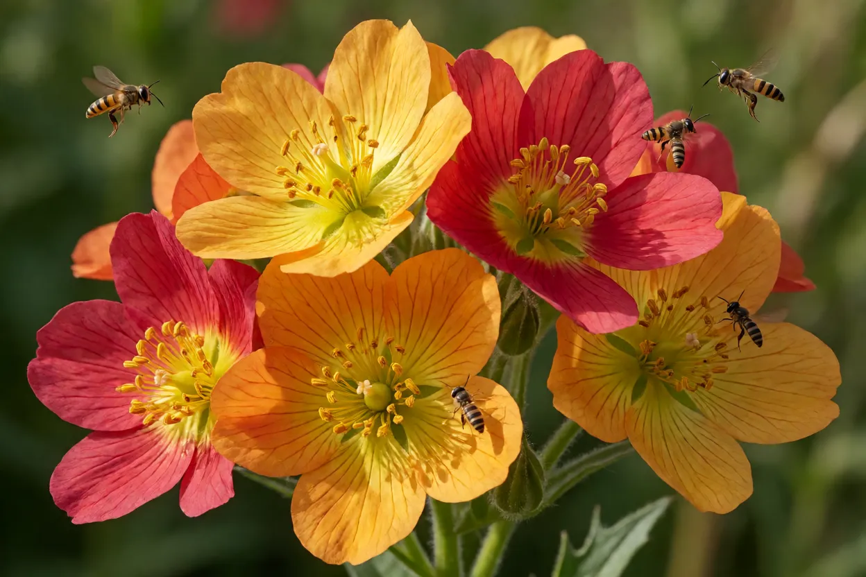 Flores abertas com pequenos insetos visitando o n&eacute;ctar