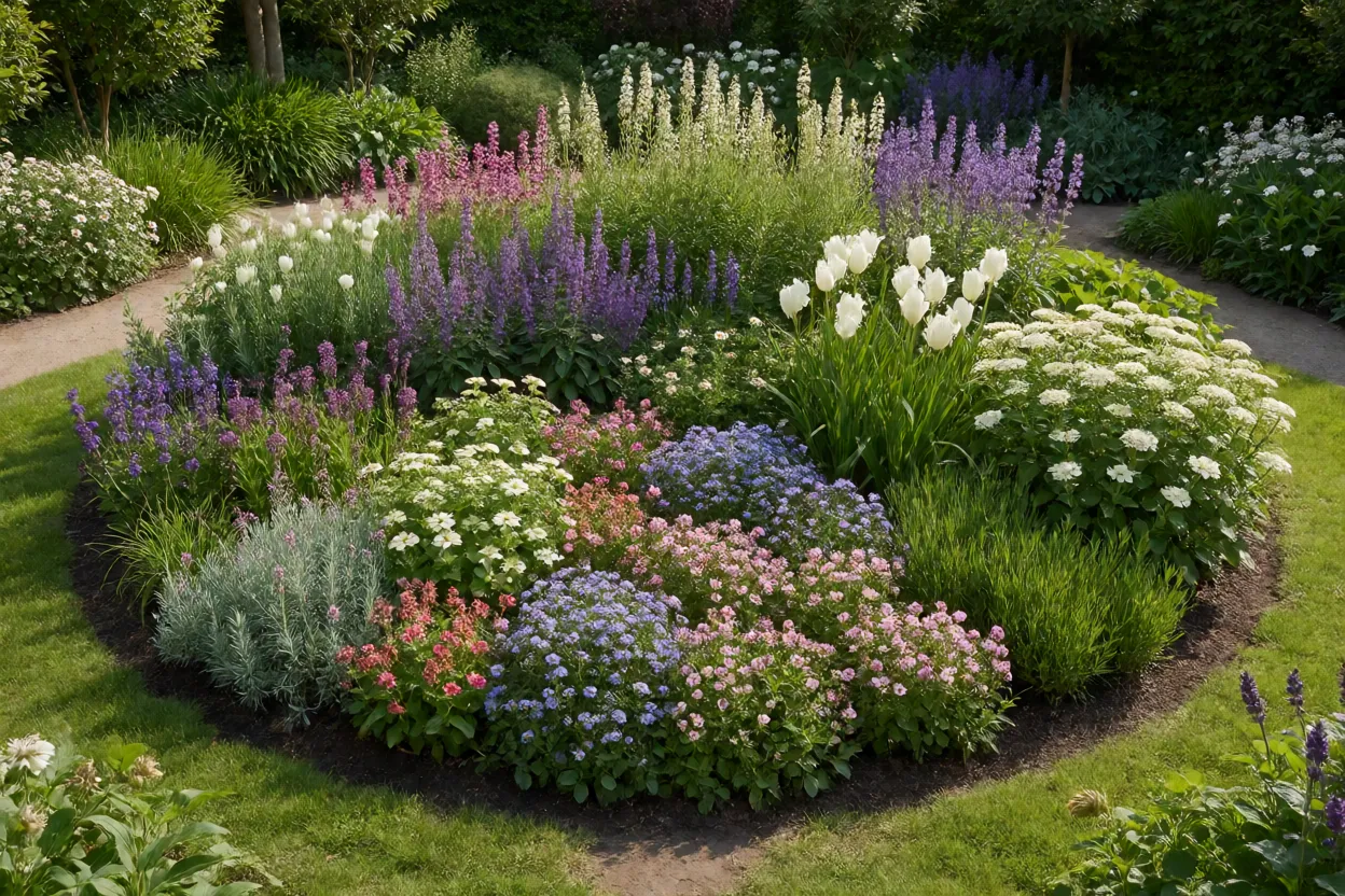 Tr&ecirc;s &aacute;reas de jardim com plantas de portes diferentes em composi&ccedil;&atilde;o paisag&iacute;stica