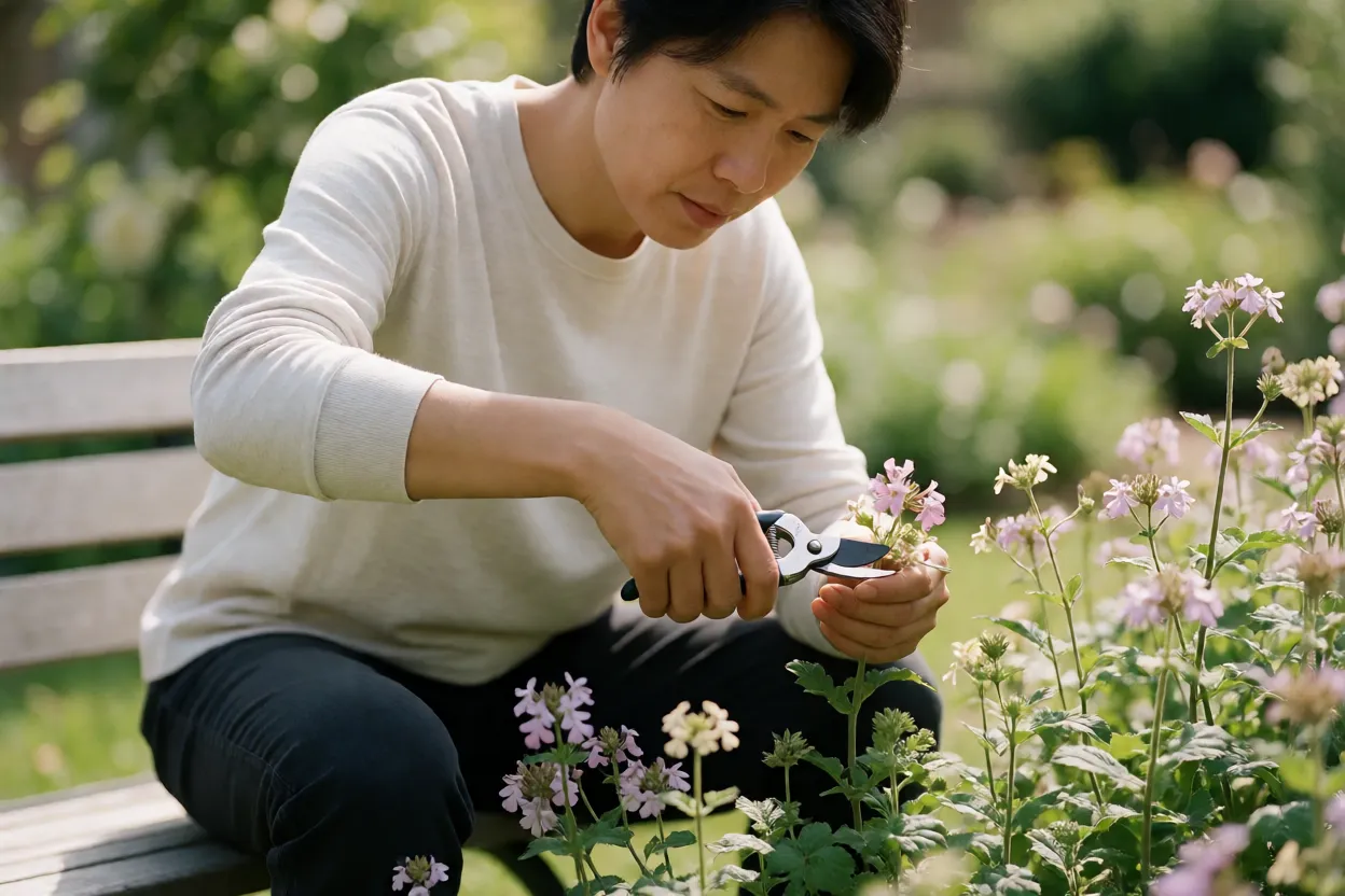 Jardineiro fazendo manuten&ccedil;&atilde;o em plantas floridas com tesoura de poda