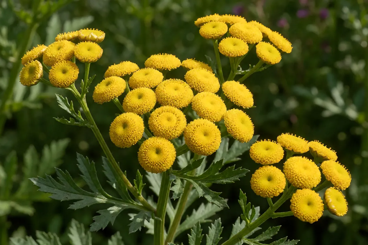 Tanaceto Tanacetum vulgare com flores amarelas em jardim naturalista
