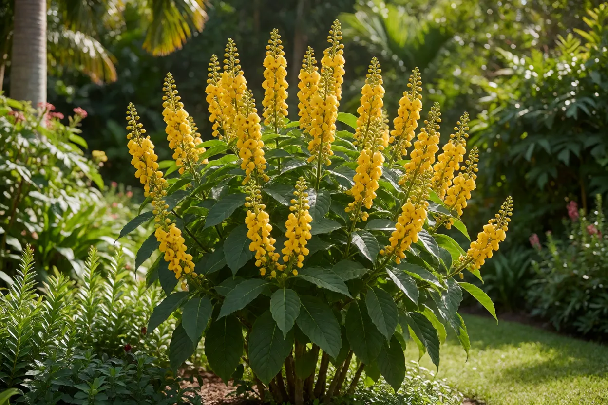 Senna didymobotrya com flores amarelas em jardim tropical