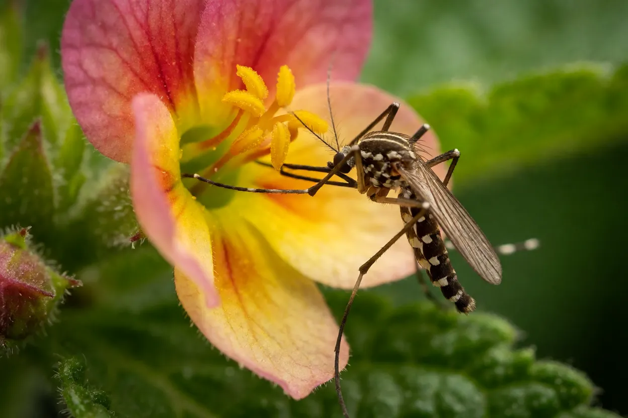 Mosquito visitando uma flor em close-up com detalhes bot&acirc;nicos
