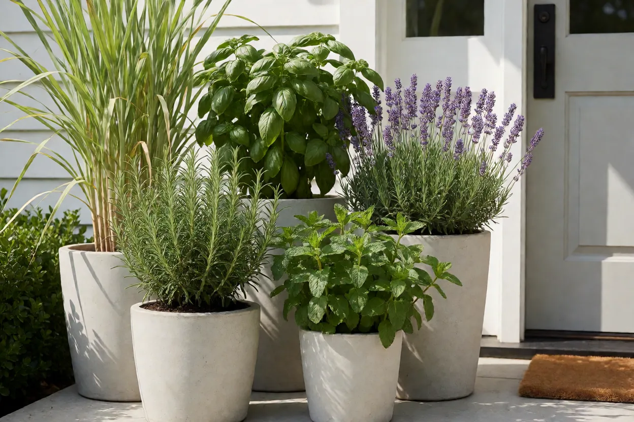 Vasos de plantas arom&aacute;ticas pr&oacute;ximos &agrave; entrada de uma casa