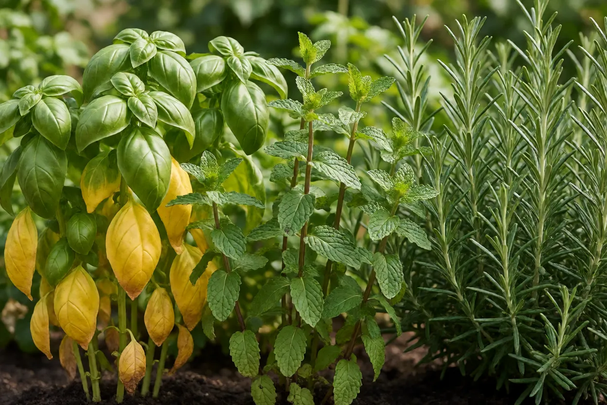 Plantas arom&aacute;ticas mostrando sinais diferentes de estresse no cultivo
