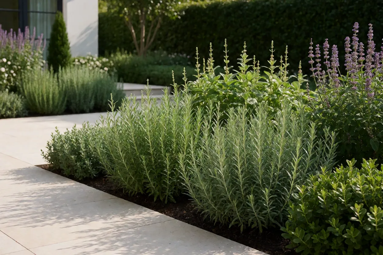 Jardim dom&eacute;stico organizado com plantas arom&aacute;ticas e &aacute;rea de circula&ccedil;&atilde;o limpa