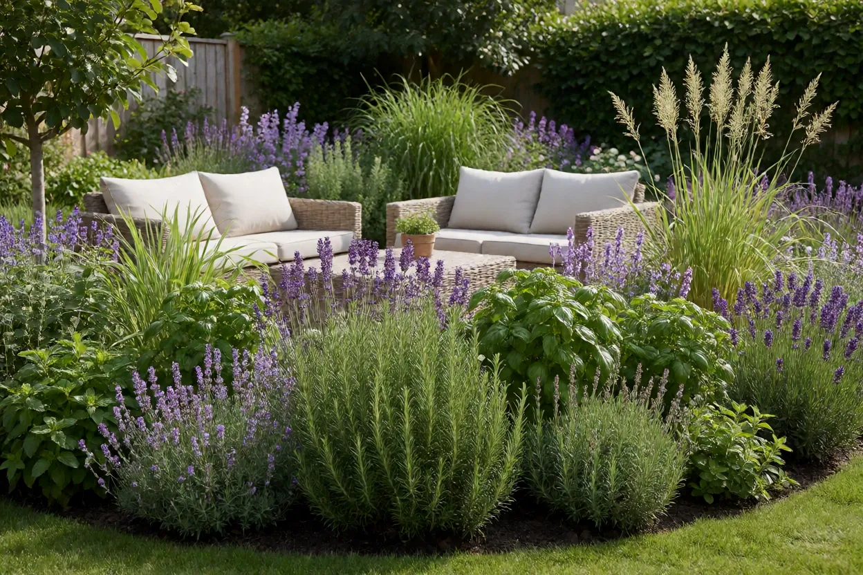 Jardim dom&eacute;stico bonito com plantas arom&aacute;ticas ao redor da &aacute;rea de conviv&ecirc;ncia