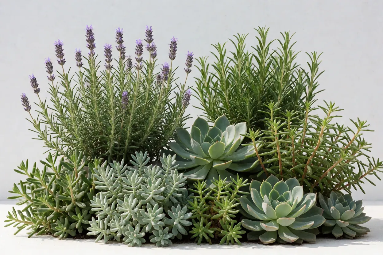 Vasos de plantas resistentes &agrave; seca recebendo diferentes n&iacute;veis de luz solar