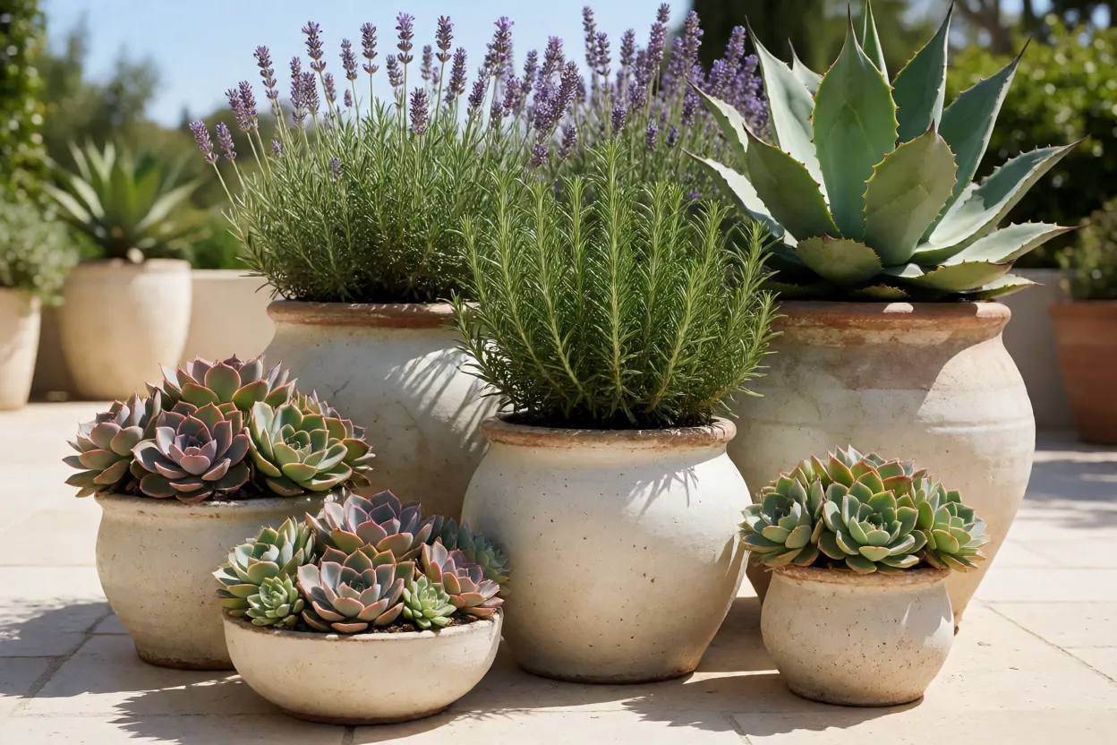 Vasos de diferentes tamanhos escolhidos para plantas resistentes &agrave; seca