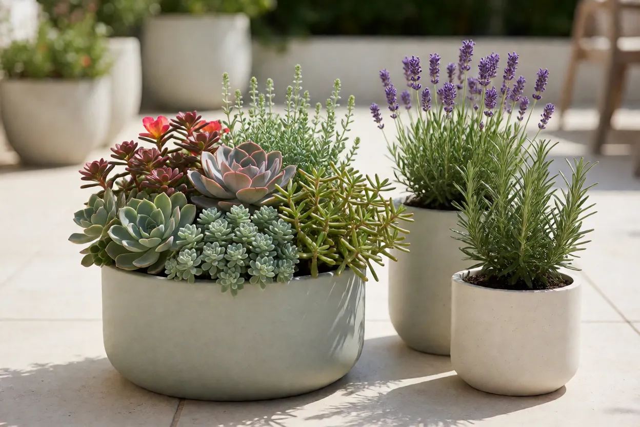 Composi&ccedil;&atilde;o de suculentas e plantas arom&aacute;ticas em vasos bem drenados