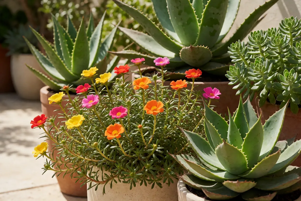 Plantas resistentes &agrave; seca em vasos durante um dia quente e ensolarado