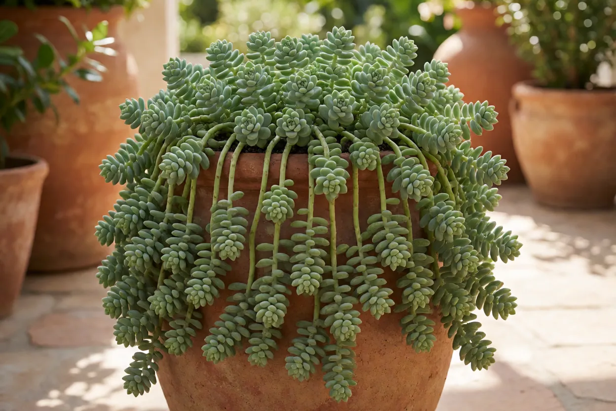 Sedum pendente formando cascata pela borda de um vaso
