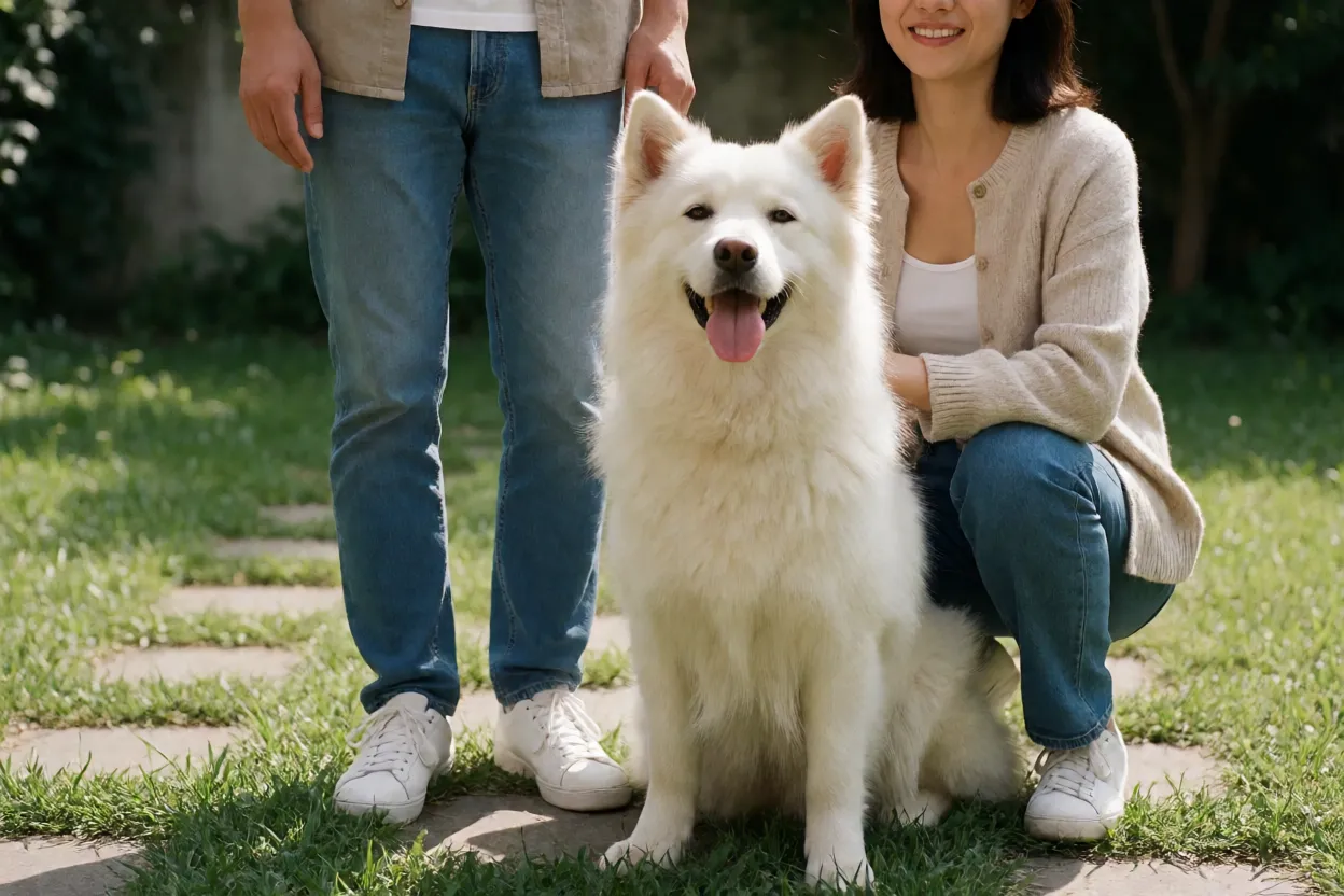 7 Raças de Cachorro Brancas que Chamam a Atenção Cachorro branco feliz ao lado do tutor