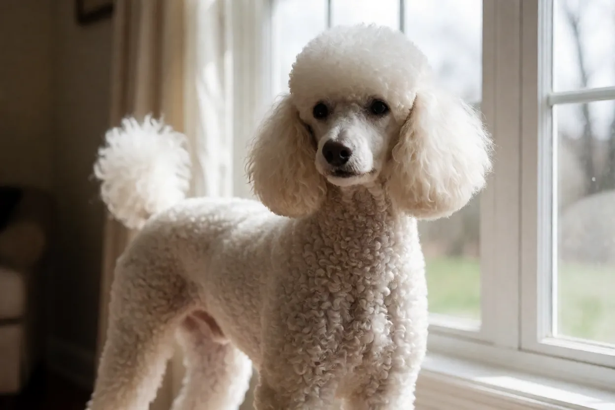 7 Raças de Cachorro Brancas que Chamam a Atenção Poodle branco de pelagem encaracolada bem cuidada