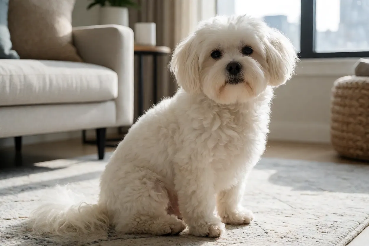 7 Raças de Cachorro Brancas que Chamam a Atenção Cachorro branco pequeno descansando em apartamento iluminado
