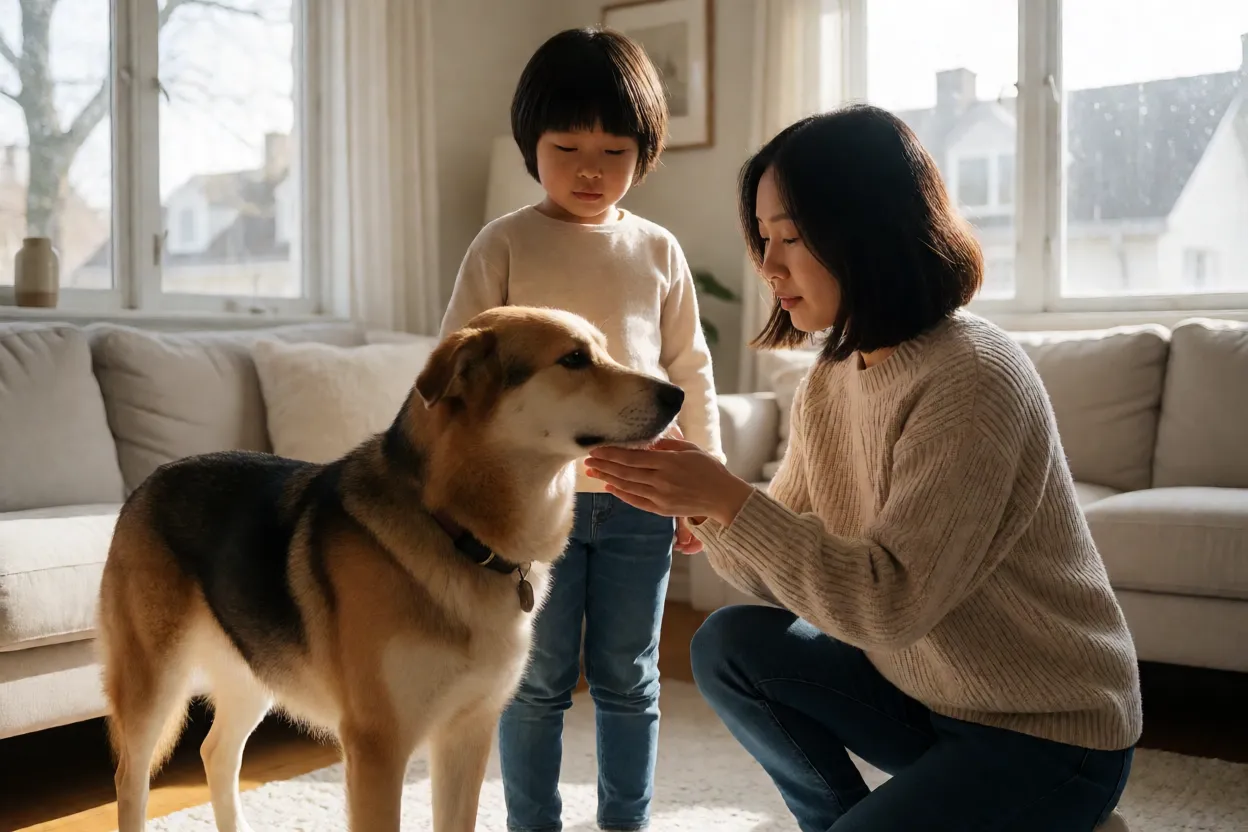 Fam&iacute;lia apresentando cachorro para crian&ccedil;a