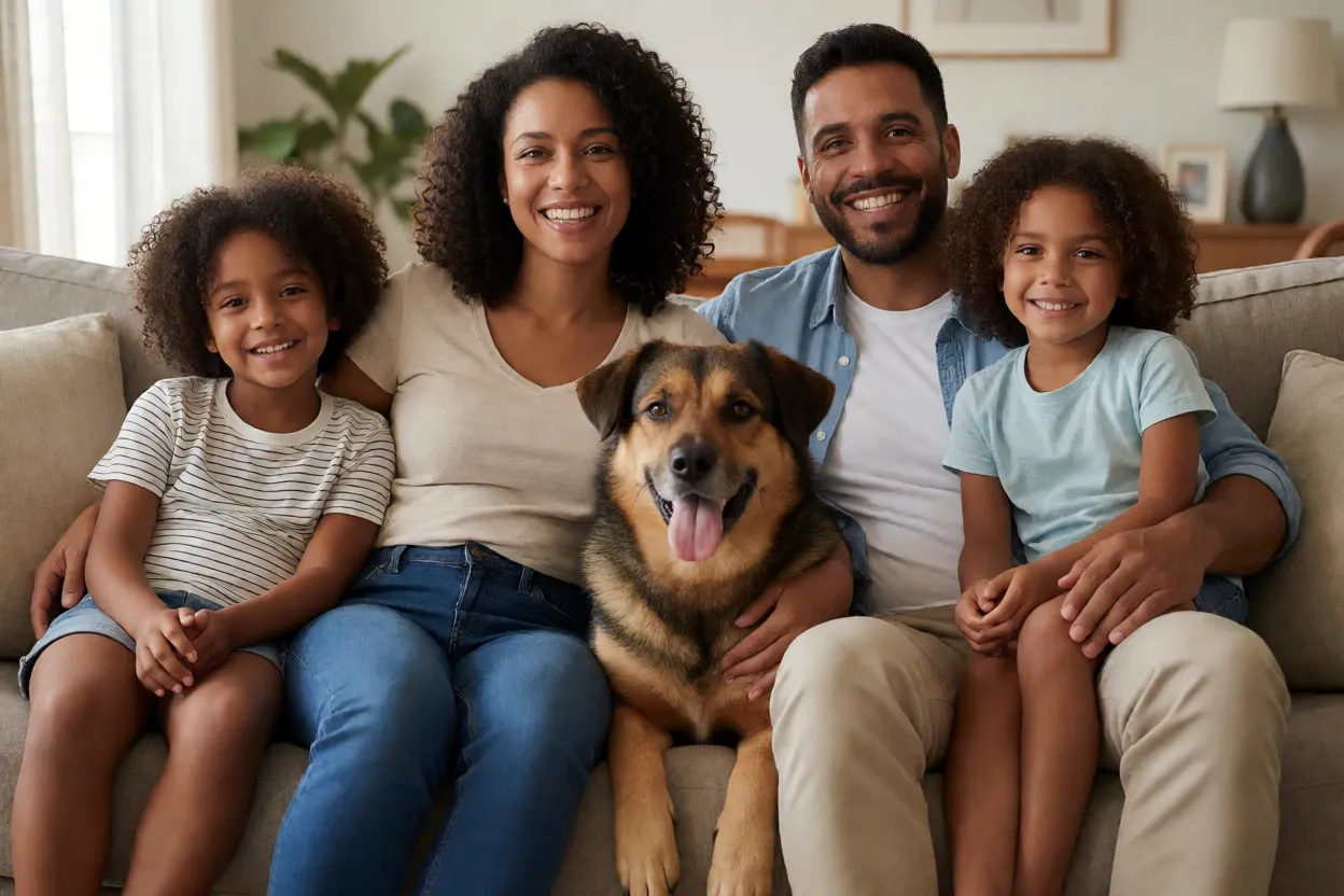 Fam&iacute;lia feliz com cachorro no sof&aacute;
