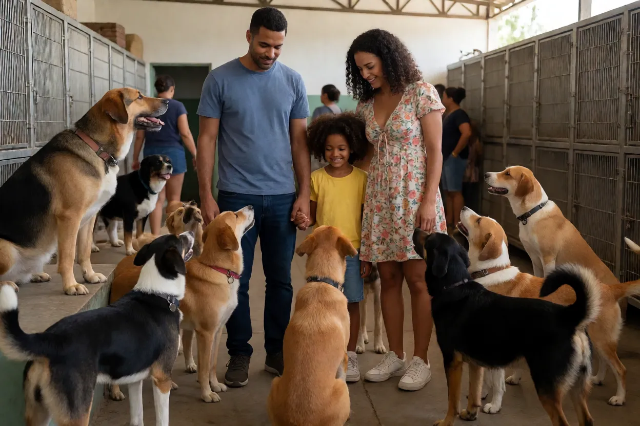 7 Raças de Cachorro Mais Adotadas em Abrigos e Como Cuidar Pessoa escolhendo cachorro para adoção em um abrigo