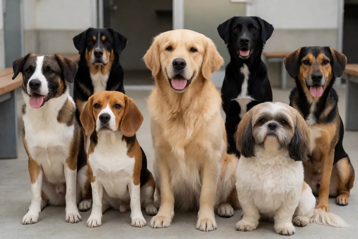 7 Raças de Cachorro Mais Adotadas em Abrigos e Como Cuidar Cachorros de diferentes raças aguardando adoção