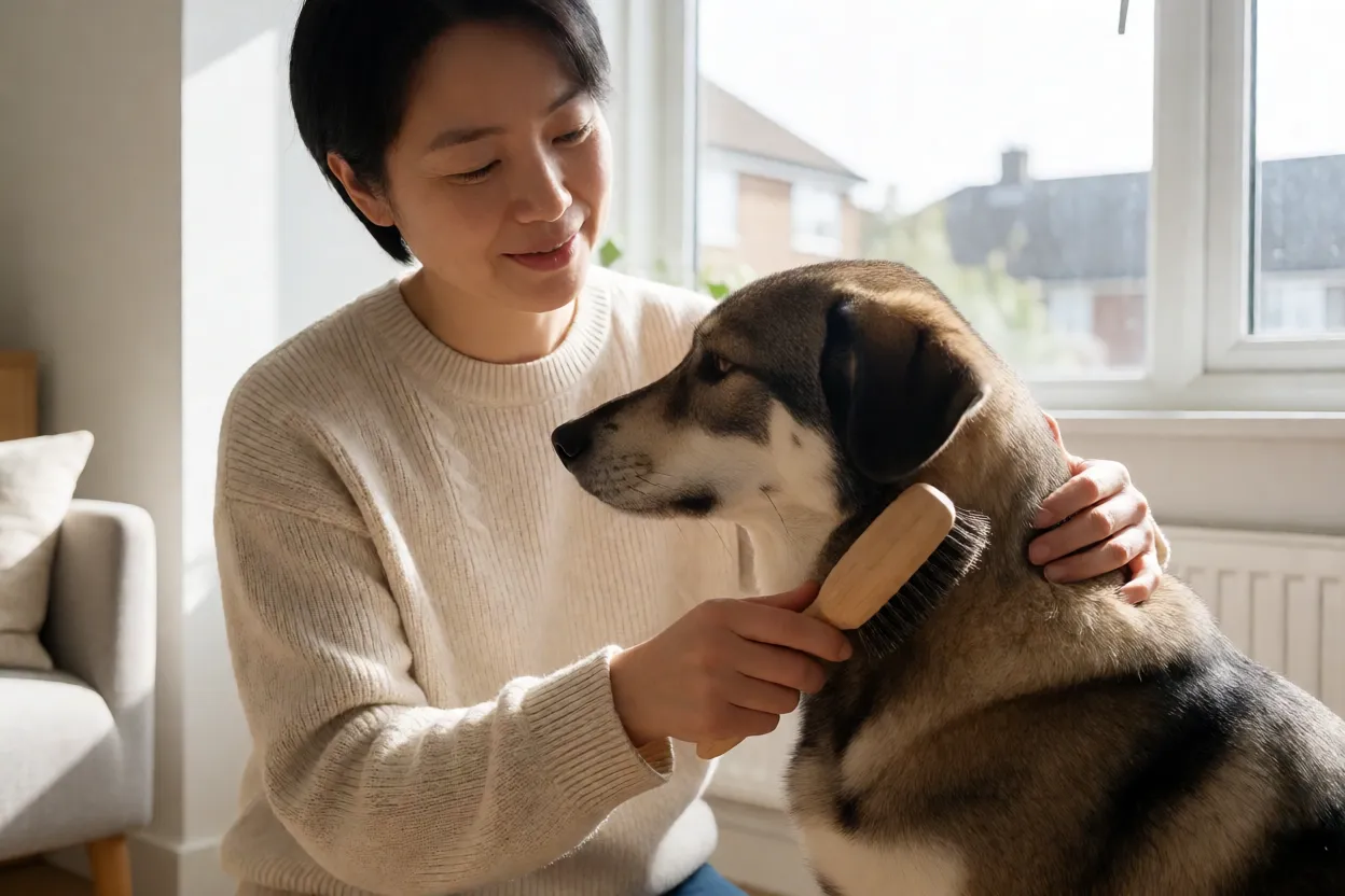 7 Raças de Cachorro Mais Adotadas em Abrigos e Como Cuidar Tutor escovando cachorro adotado em casa