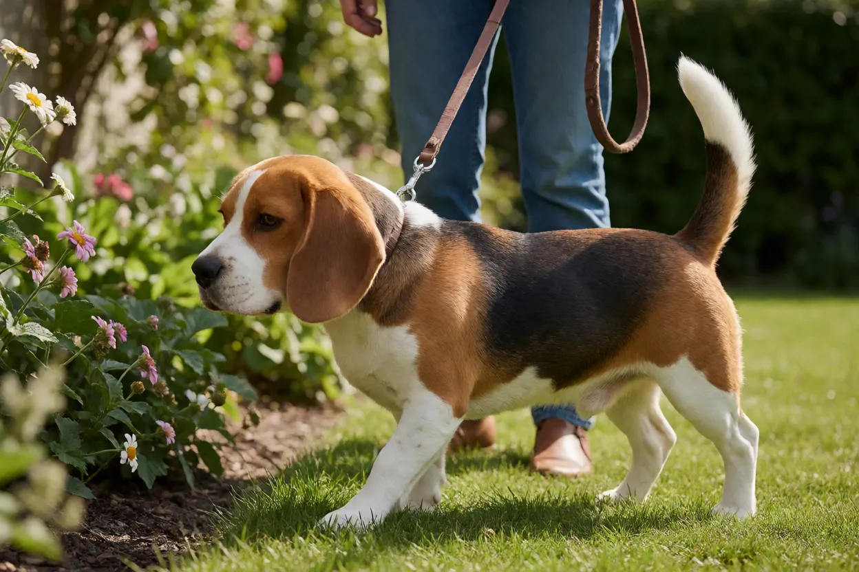 7 Raças de Cachorro Mais Adotadas em Abrigos e Como Cuidar Beagle adotado explorando um jardim com o tutor