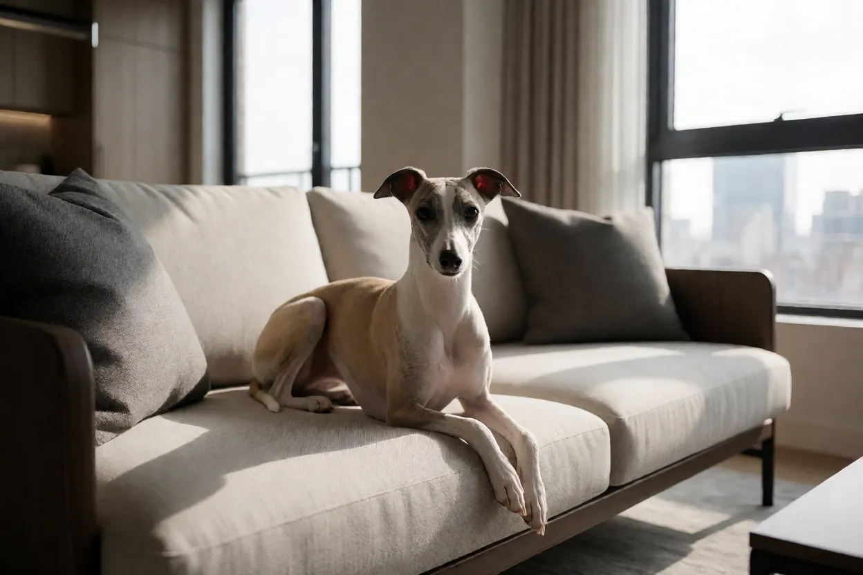 Whippet descansando em apartamento moderno