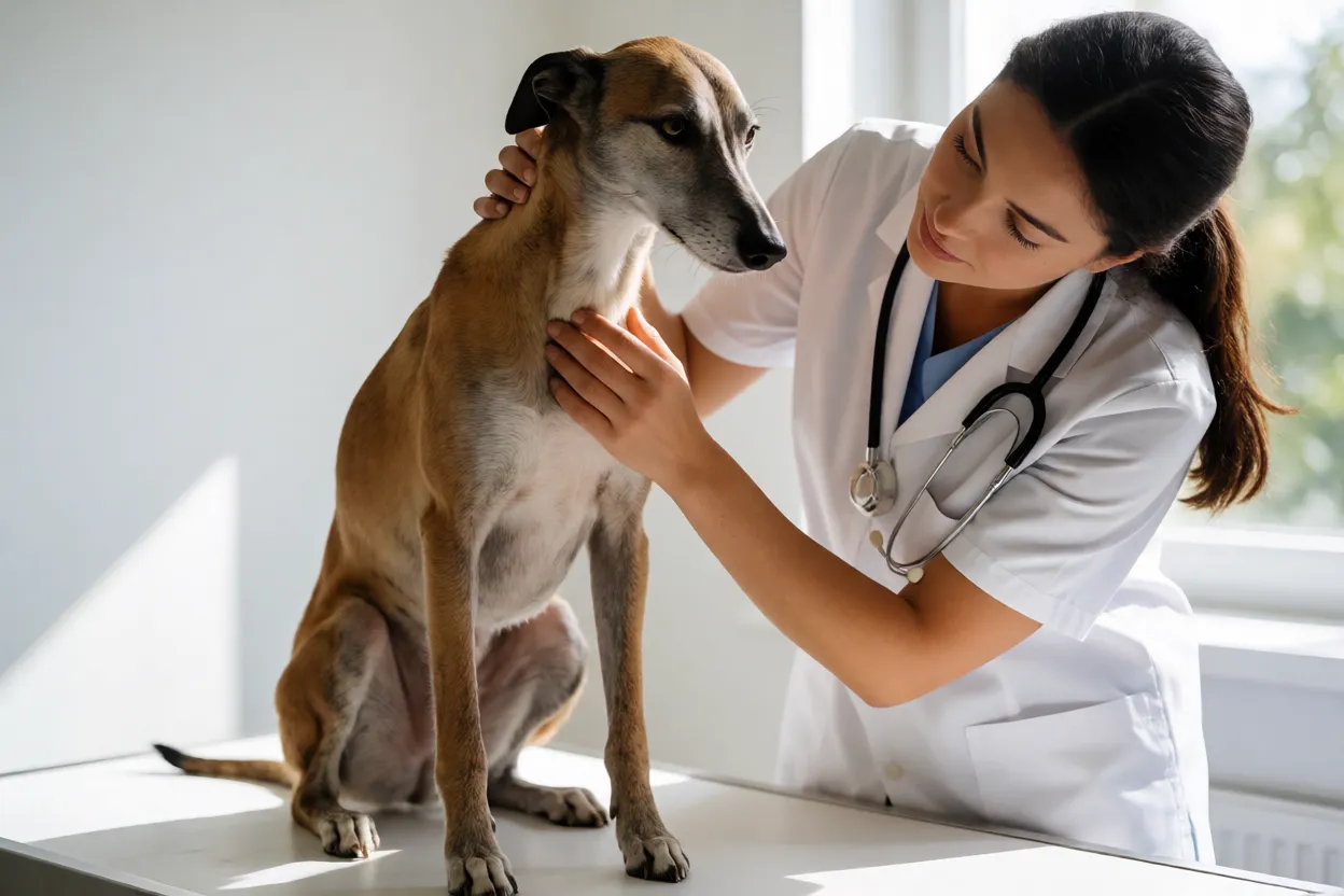 Veterin&aacute;rio examinando cachorro lebreiro