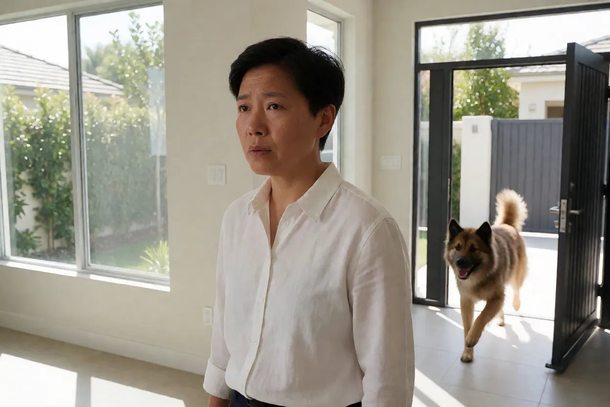 Pessoa surpresa com cachorro escapando da cerca
