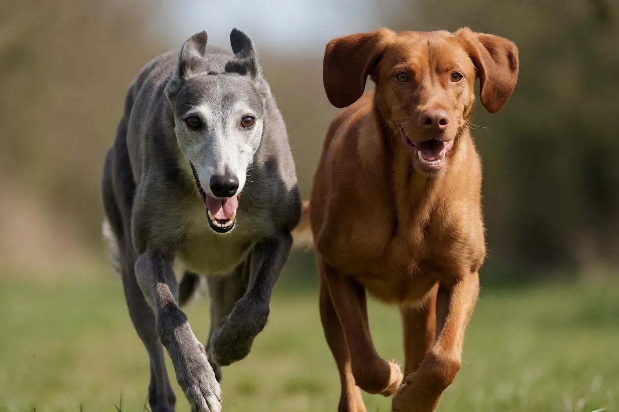Compara&ccedil;&atilde;o visual de greyhound e vizsla correndo