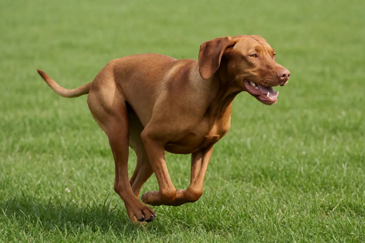 Vizsla h&uacute;ngaro correndo em campo verde