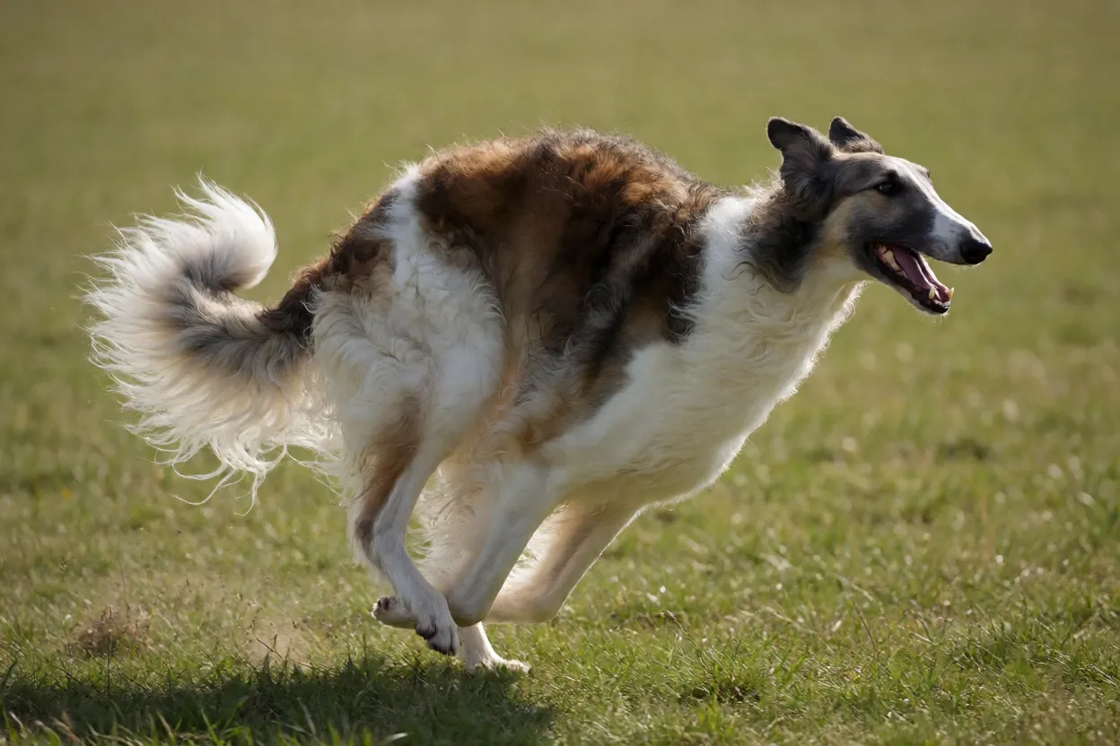 Borzoi russo correndo com pelagem longa