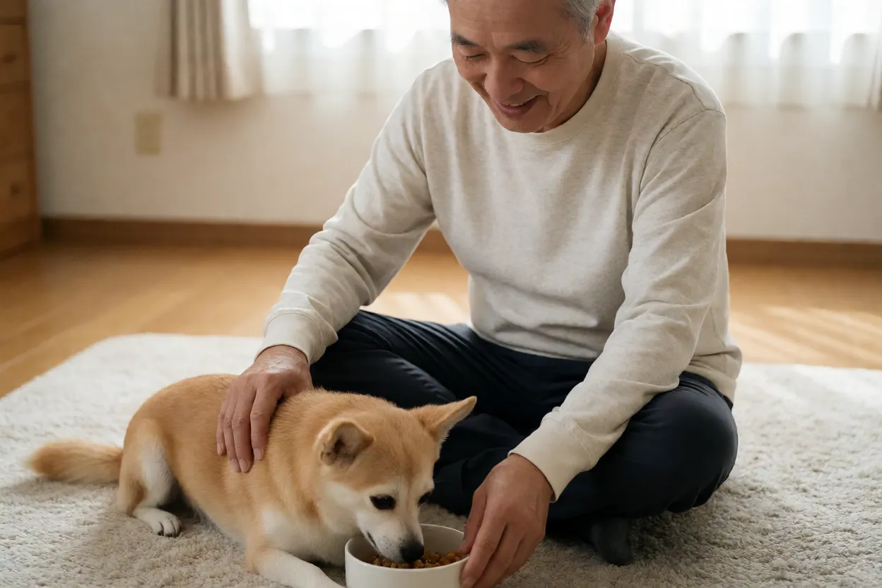 Pessoa idosa cuidando de cachorro pequeno