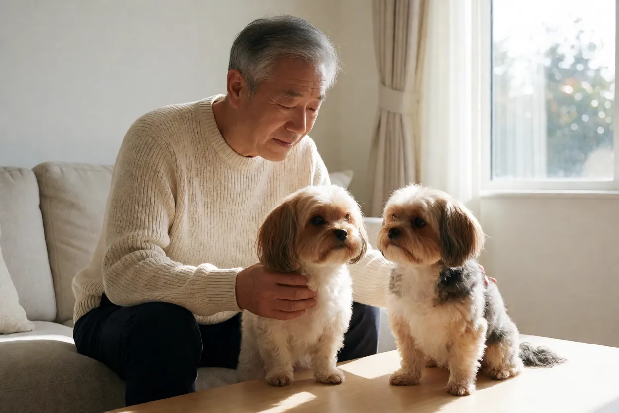 Pessoa idosa comparando ra&ccedil;as de cachorro pequeno