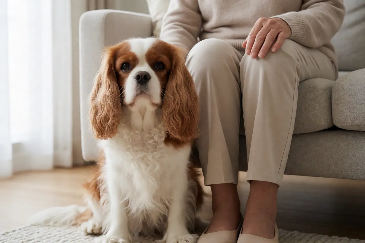 Cavalier King Charles Spaniel ao lado de pessoa idosa