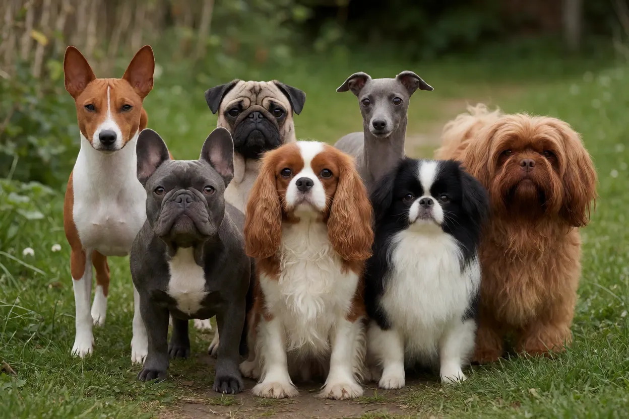 7 Raças de Cachorro Pequenas que Latem Pouco Grupo de sete raças de cachorro pequenas que latem pouco juntas