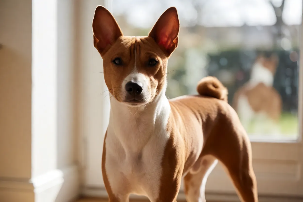 7 Raças de Cachorro Pequenas que Latem Pouco Basenji adulto de pelagem curta em pose alerta