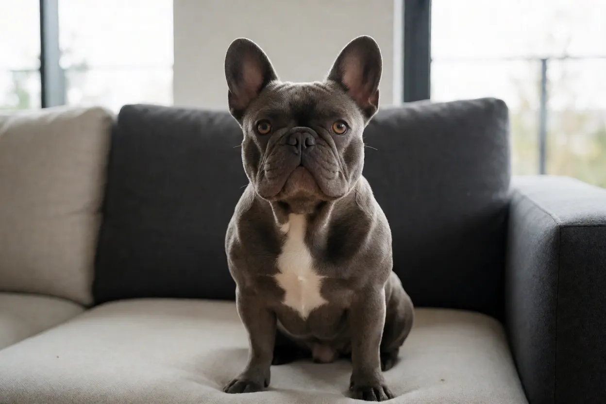 7 Raças de Cachorro Pequenas que Latem Pouco Buldogue Francês com orelhas de morcego sentado no sofá