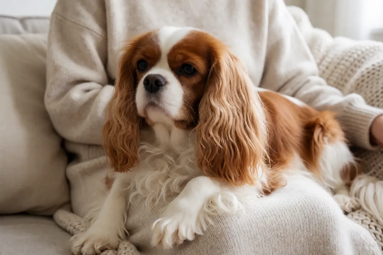 7 Raças de Cachorro Pequenas que Latem Pouco Cavalier King Charles Spaniel de pelagem sedosa no colo