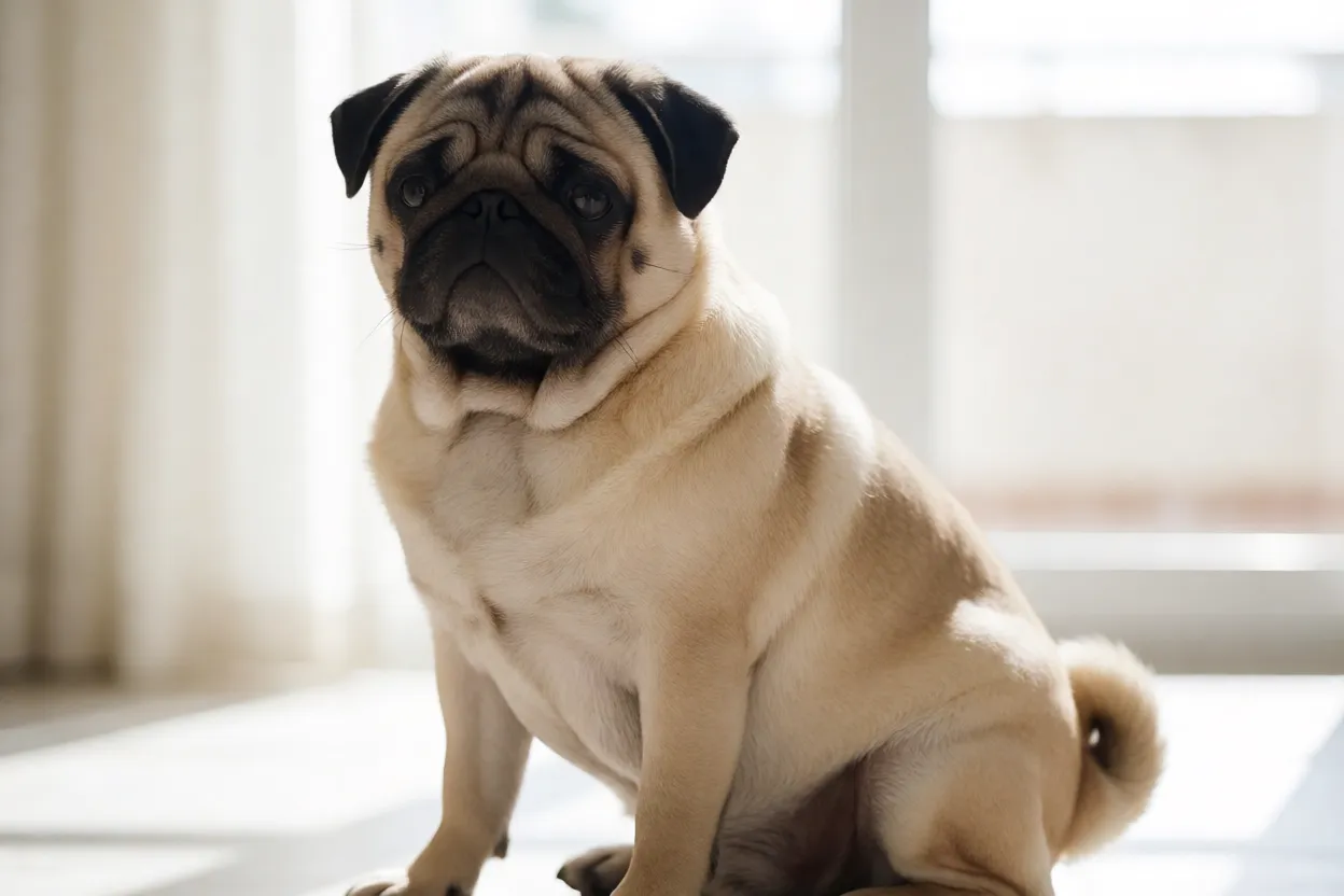 7 Raças de Cachorro Pequenas que Latem Pouco Pug adulto com rugas e cauda enrolada