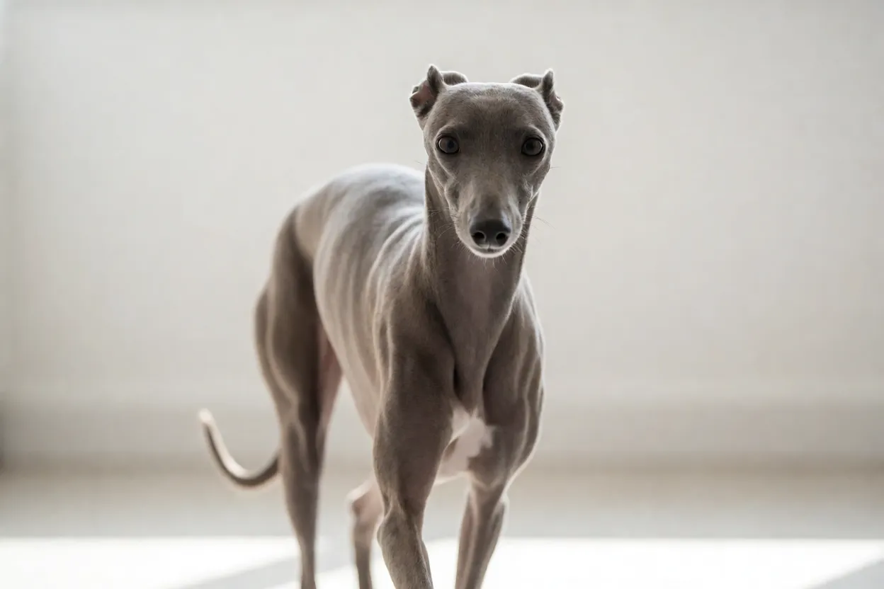 7 Raças de Cachorro Pequenas que Latem Pouco Greyhound Italiano elegante em pose de corrida suave