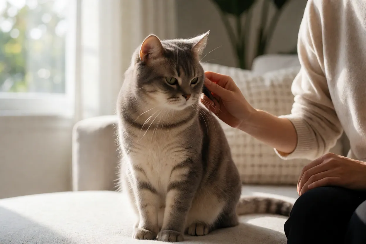 7 Raças de Gatos mais Calmas para Quem quer um Pet Tranquilo Gato de pelo curto sendo escovado tranquilamente