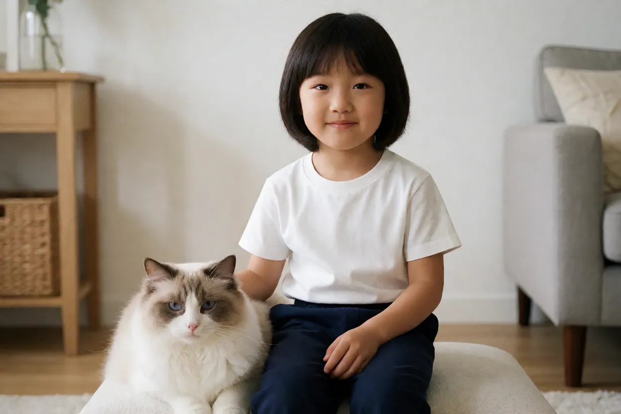 7 Raças de Gatos mais Calmas para Quem quer um Pet Tranquilo Criança interagindo calmamente com um gato em casa
