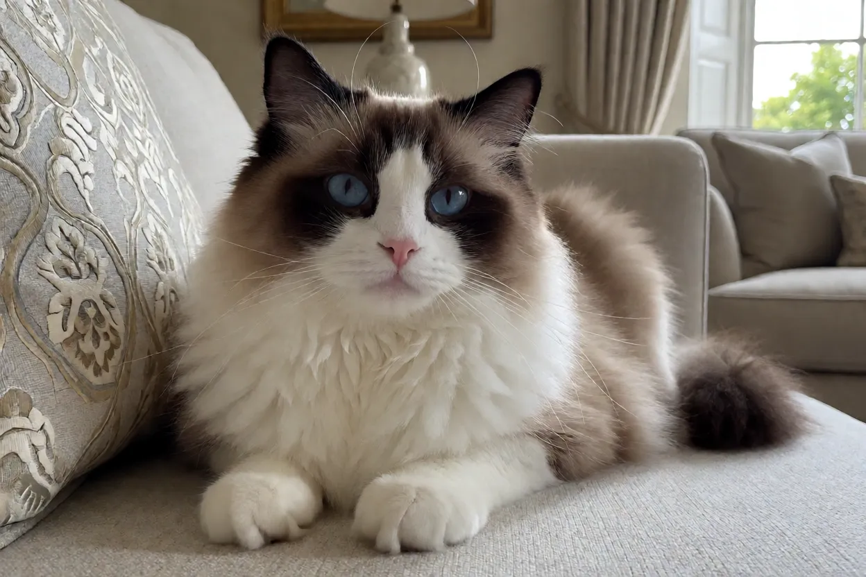 7 Raças de Gatos mais Calmas para Quem quer um Pet Tranquilo Gato Ragdoll adulto de olhos azuis descansando em uma sala