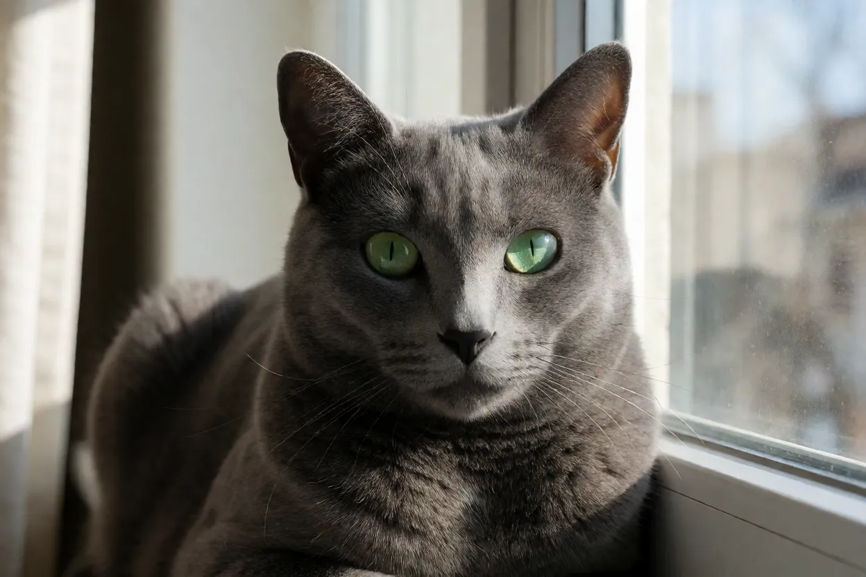 7 Raças de Gatos mais Calmas para Quem quer um Pet Tranquilo Russian Blue de olhos verdes descansando perto de uma janela