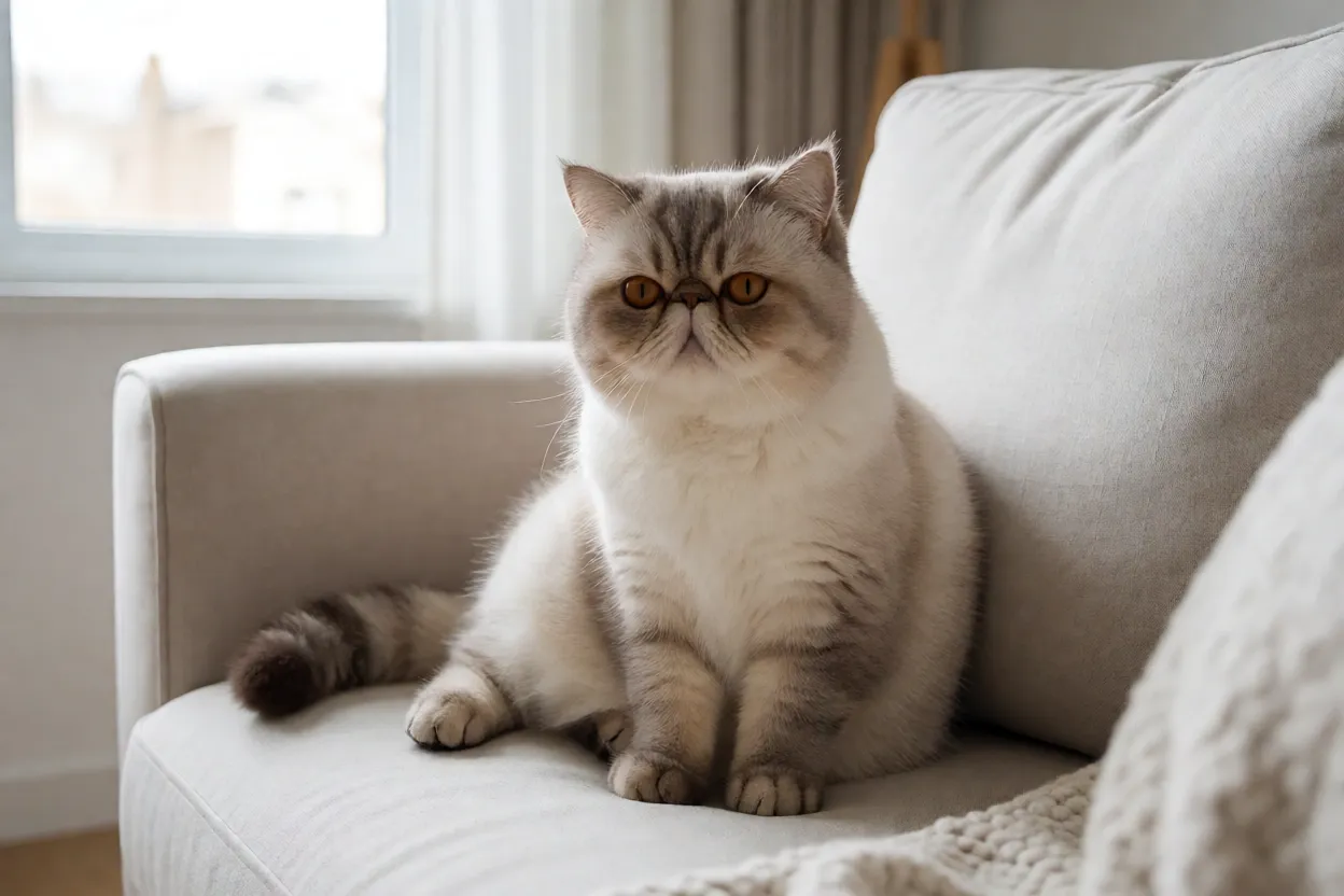 7 Raças de Gatos mais Calmas para Quem quer um Pet Tranquilo Exotic Shorthair de pelo curto descansando tranquilamente em uma sala