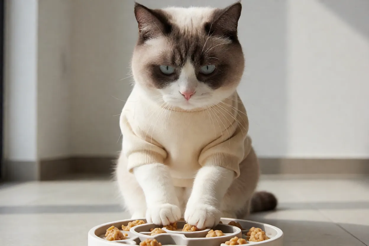 7 Raças de Gatos mais Inteligentes e Curiosas Gato resolvendo um brinquedo de enriquecimento alimentar