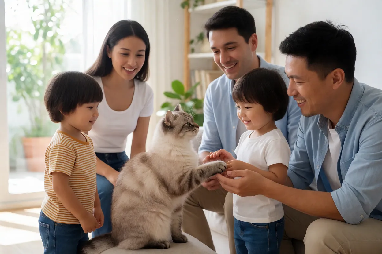 7 Raças de Gatos mais Inteligentes e Curiosas Gato sociável interagindo calmamente com uma família