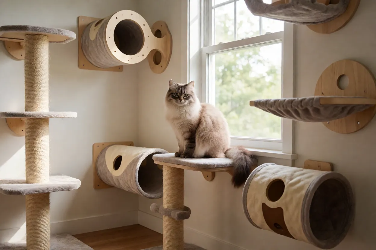 7 Raças de Gatos mais Inteligentes e Curiosas Ambiente doméstico enriquecido para gatos com prateleiras e brinquedos