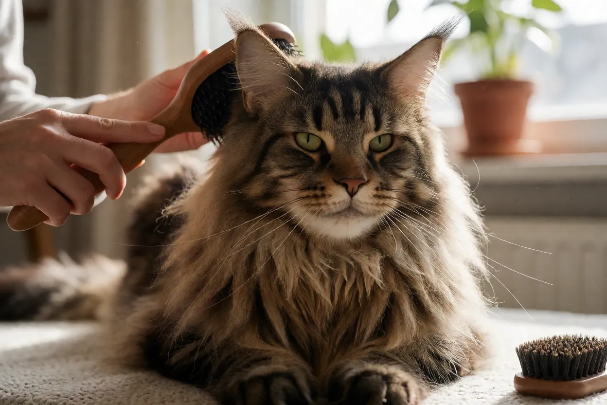 7 Raças de Gatos mais Inteligentes e Curiosas Maine Coon sendo escovado com cuidado em casa