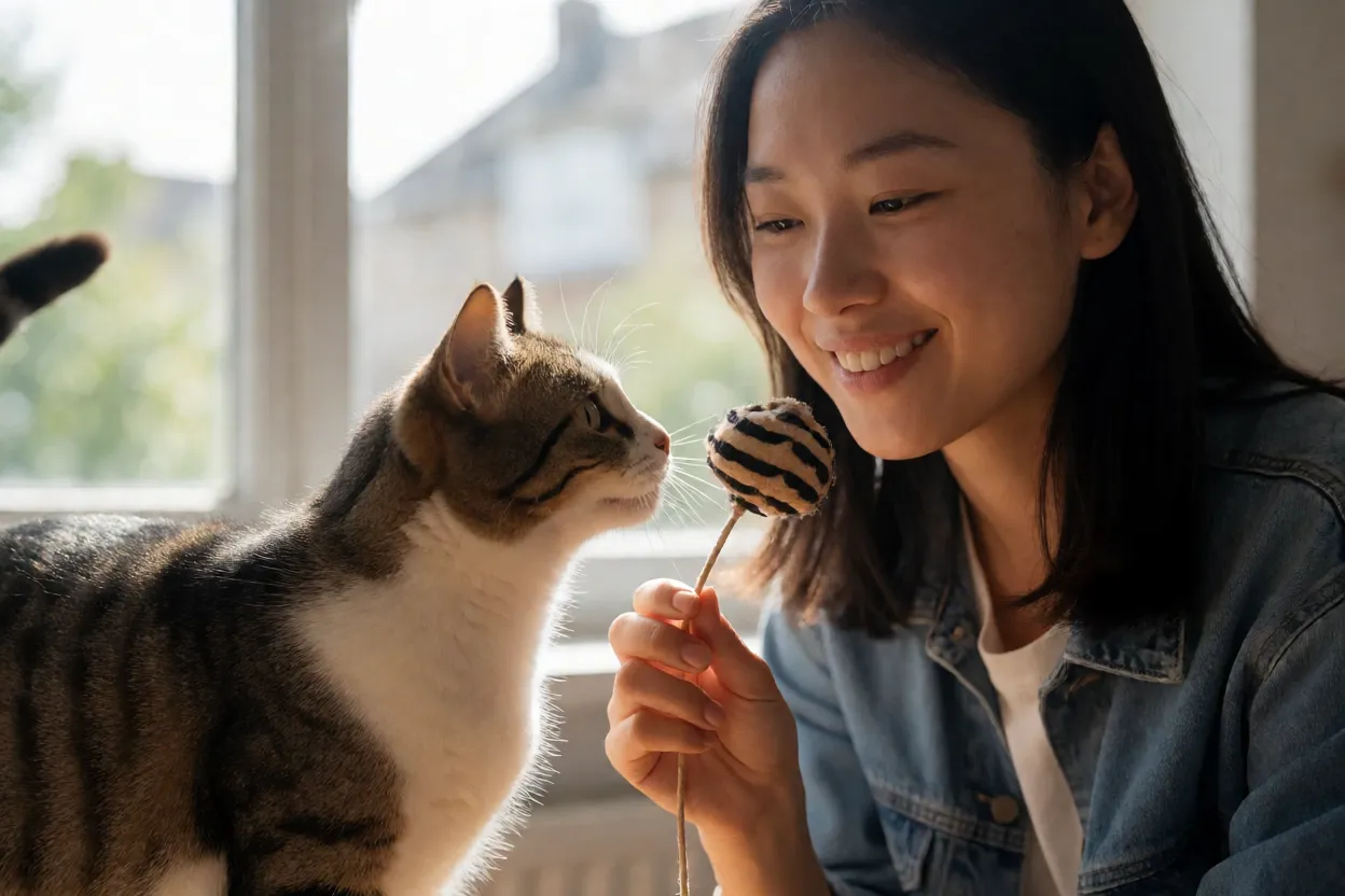 7 Raças de Gatos mais Inteligentes e Curiosas Gato aprendendo uma brincadeira de busca com seu tutor